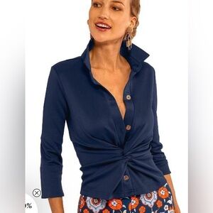 Women's Navy Twist-Front Button Top